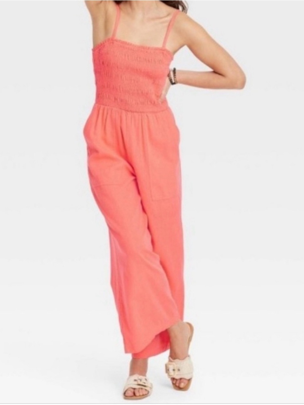 Universal Thread Smocked Coral Wide-Leg Jumpsuit